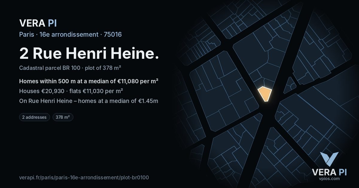 2 Rue Henri Heine, 16e arrondissement at night – the plot lit, the parcels around coloured by the prices near them