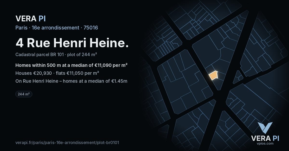 4 Rue Henri Heine, 16e arrondissement at night – the plot lit, the parcels around coloured by the prices near them