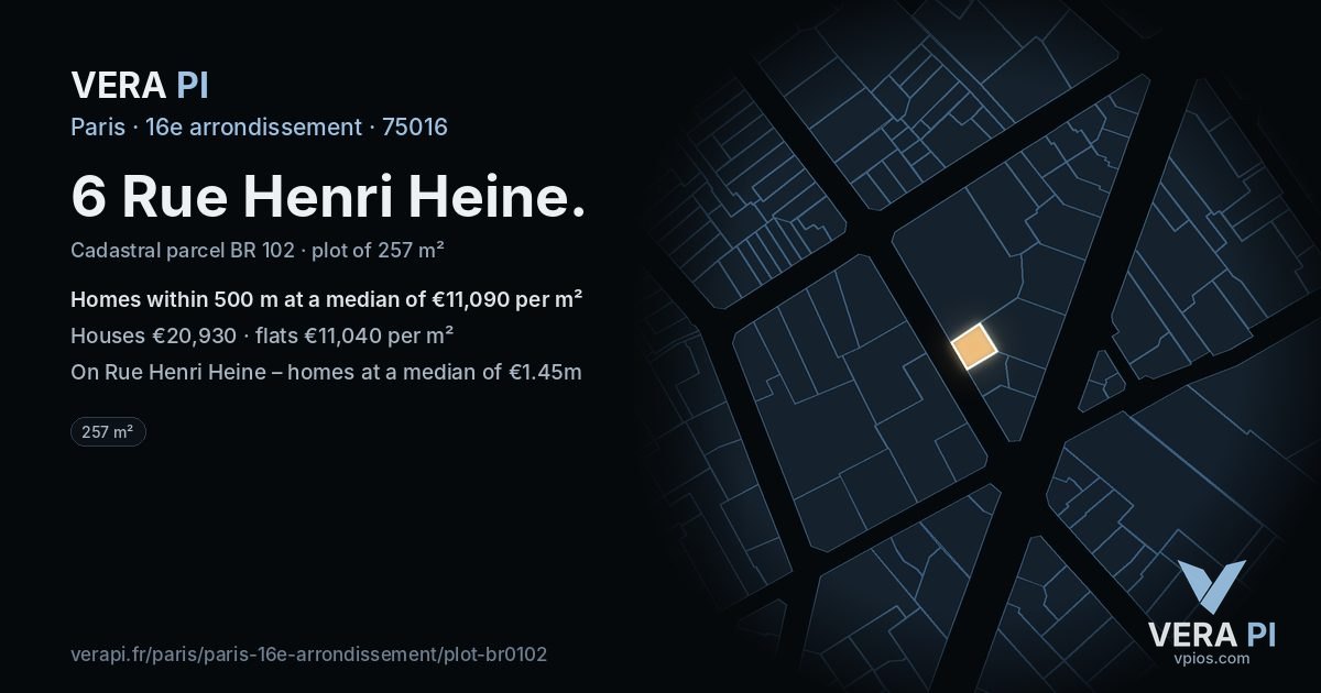 6 Rue Henri Heine, 16e arrondissement at night – the plot lit, the parcels around coloured by the prices near them