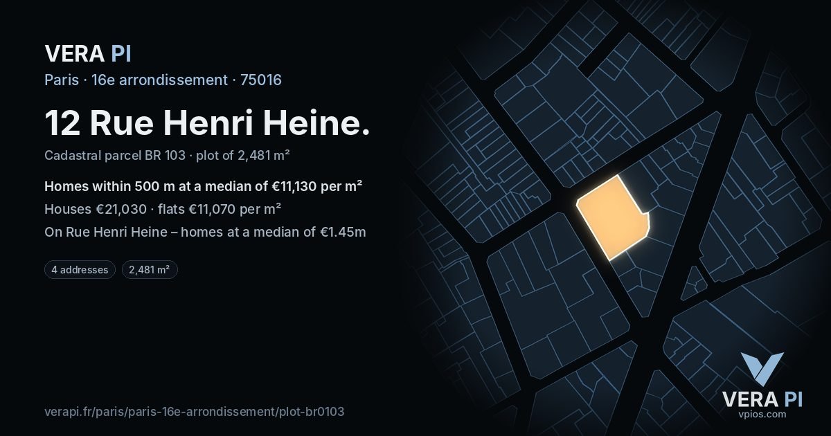 12 Rue Henri Heine, 16e arrondissement at night – the plot lit, the parcels around coloured by the prices near them