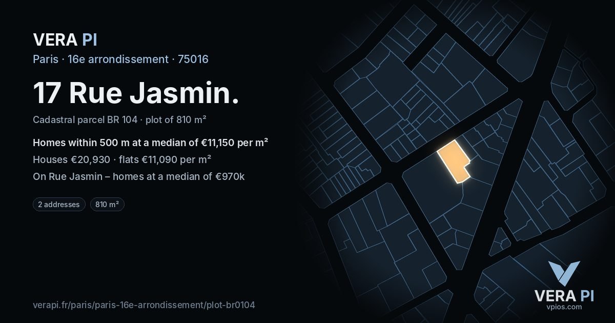 17 Rue Jasmin, 16e arrondissement at night – the plot lit, the parcels around coloured by the prices near them