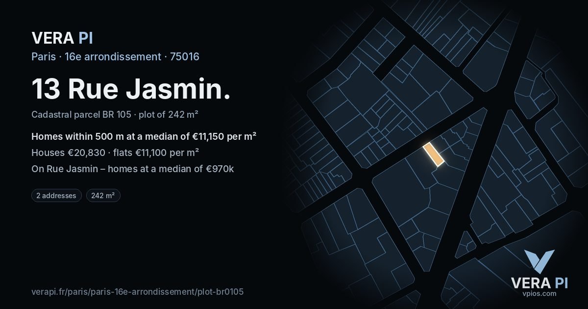 13 Rue Jasmin, 16e arrondissement at night – the plot lit, the parcels around coloured by the prices near them