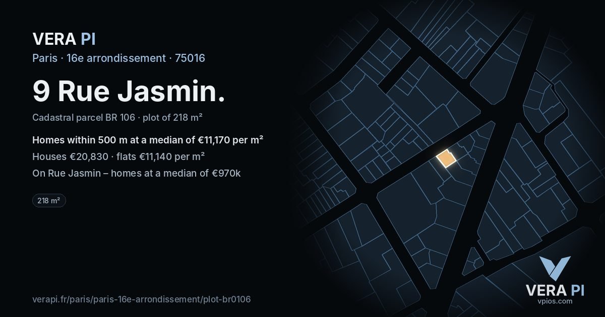 9 Rue Jasmin, 16e arrondissement at night – the plot lit, the parcels around coloured by the prices near them