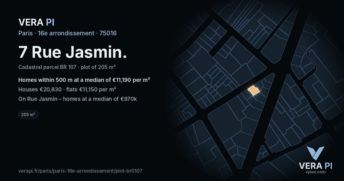 7 Rue Jasmin, 16e arrondissement at night – the plot lit, the parcels around coloured by the prices near them