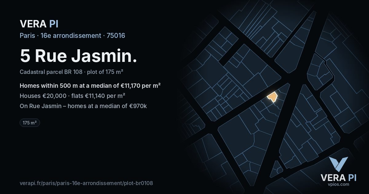 5 Rue Jasmin, 16e arrondissement at night – the plot lit, the parcels around coloured by the prices near them