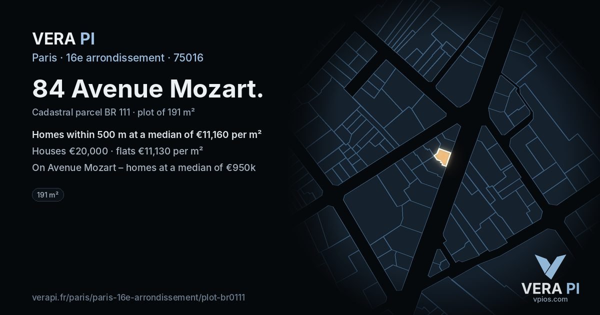 84 Avenue Mozart, 16e arrondissement at night – the plot lit, the parcels around coloured by the prices near them