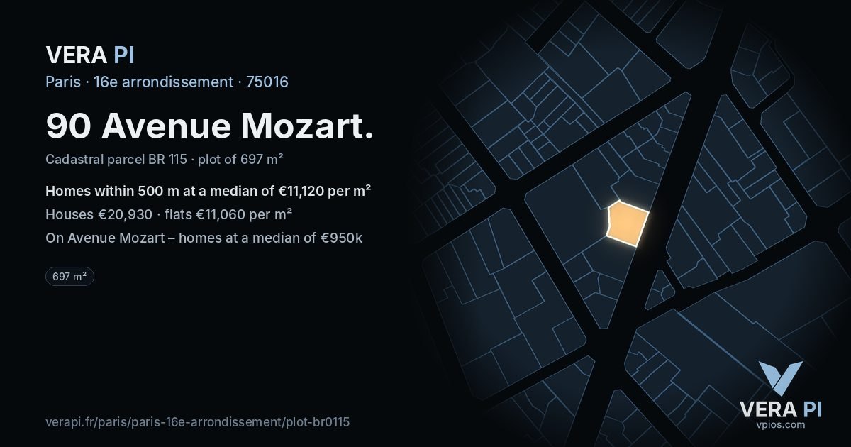 90 Avenue Mozart, 16e arrondissement at night – the plot lit, the parcels around coloured by the prices near them