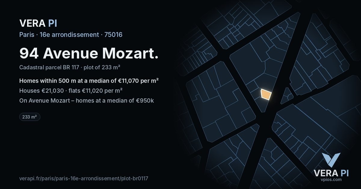 94 Avenue Mozart, 16e arrondissement at night – the plot lit, the parcels around coloured by the prices near them