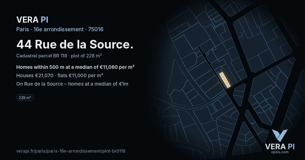 44 Rue de la Source, 16e arrondissement at night – the plot lit, the parcels around coloured by the prices near them