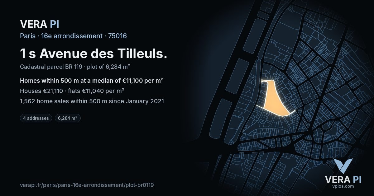 1 s Avenue des Tilleuls, 16e arrondissement at night – the plot lit, the parcels around coloured by the prices near them