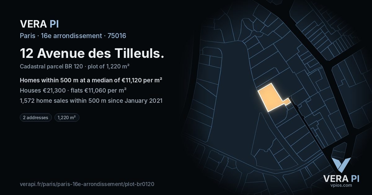 12 Avenue des Tilleuls, 16e arrondissement at night – the plot lit, the parcels around coloured by the prices near them