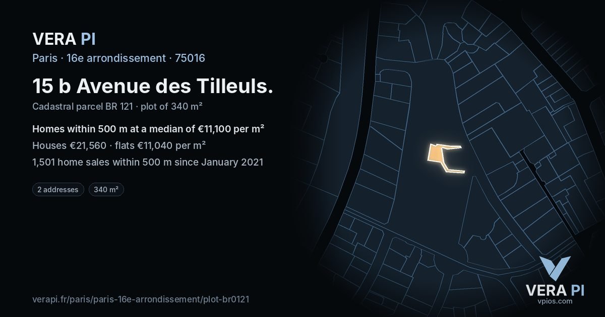 15 b Avenue des Tilleuls, 16e arrondissement at night – the plot lit, the parcels around coloured by the prices near them