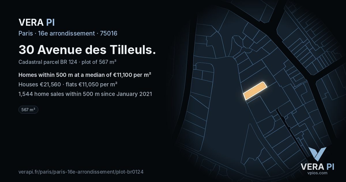 30 Avenue des Tilleuls, 16e arrondissement at night – the plot lit, the parcels around coloured by the prices near them