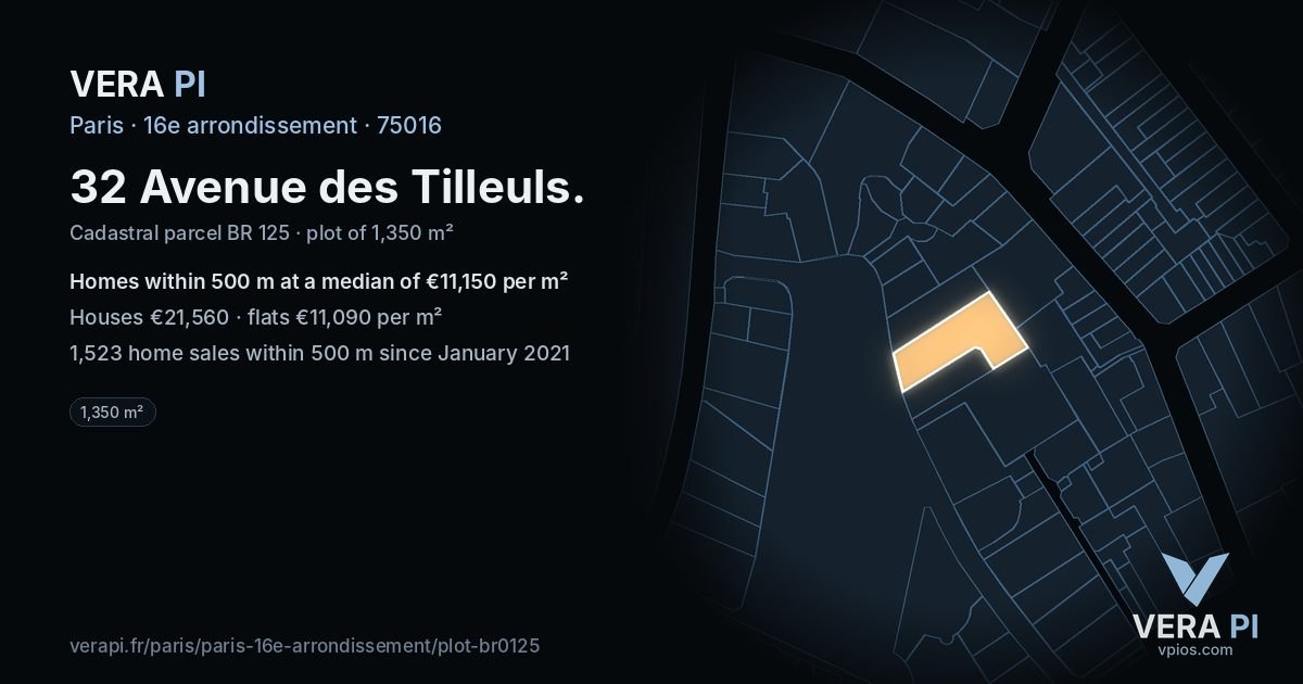 32 Avenue des Tilleuls, 16e arrondissement at night – the plot lit, the parcels around coloured by the prices near them