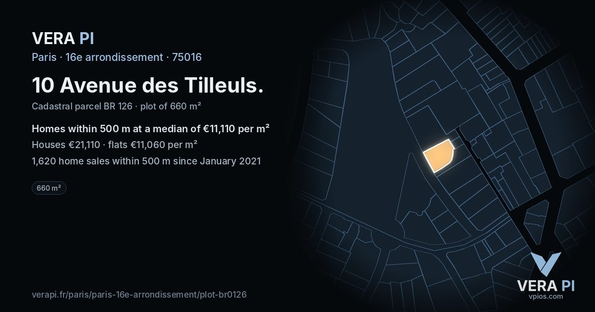 10 Avenue des Tilleuls, 16e arrondissement at night – the plot lit, the parcels around coloured by the prices near them