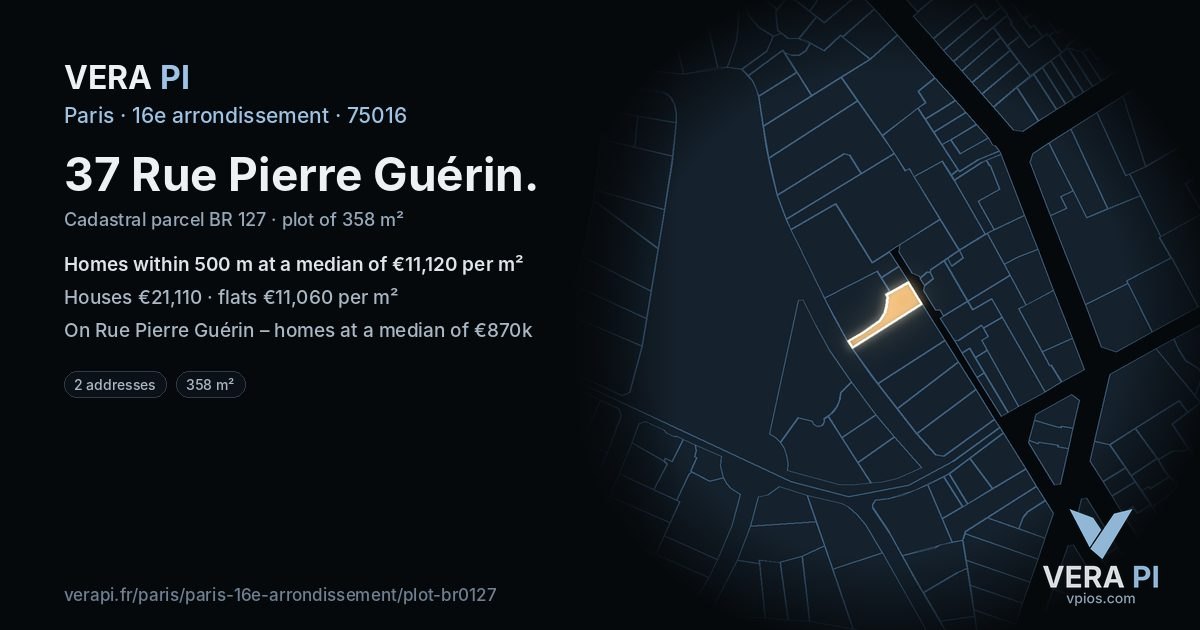 37 Rue Pierre Guérin, 16e arrondissement at night – the plot lit, the parcels around coloured by the prices near them