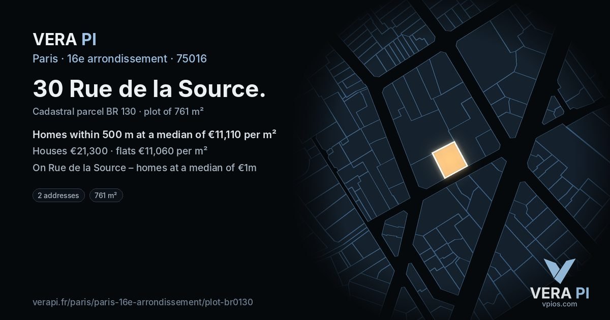30 Rue de la Source, 16e arrondissement at night – the plot lit, the parcels around coloured by the prices near them