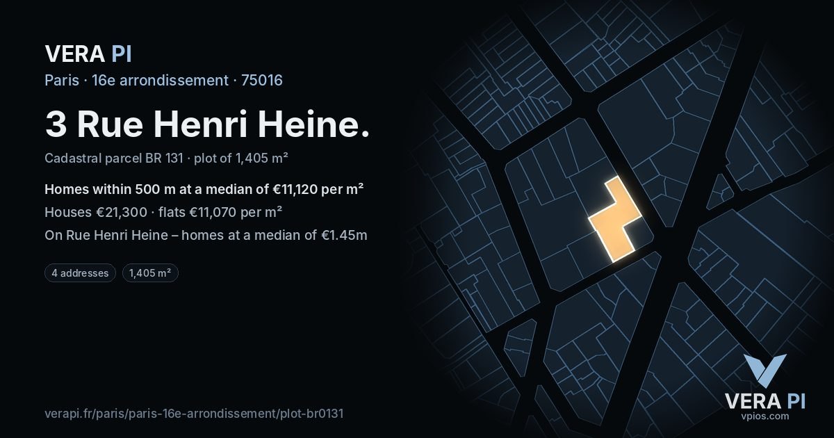 3 Rue Henri Heine, 16e arrondissement at night – the plot lit, the parcels around coloured by the prices near them