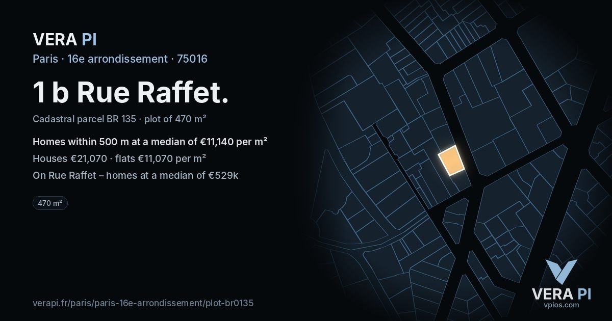 1 b Rue Raffet, 16e arrondissement at night – the plot lit, the parcels around coloured by the prices near them
