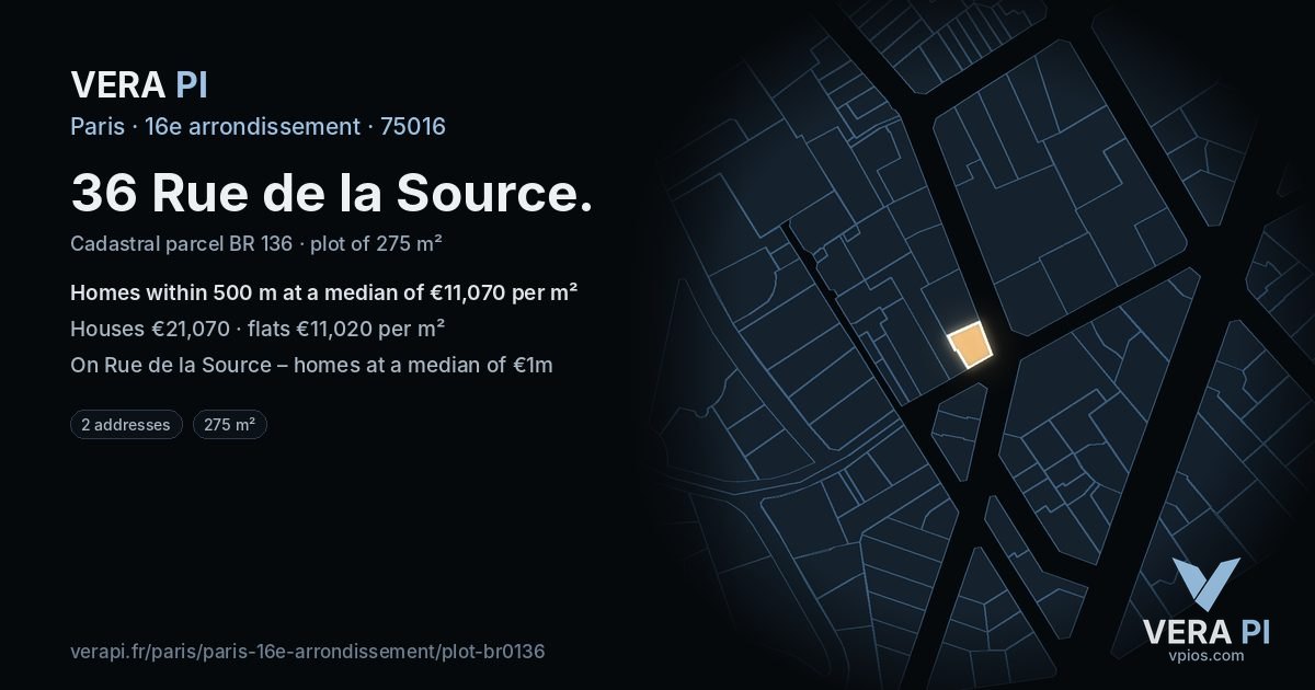 36 Rue de la Source, 16e arrondissement at night – the plot lit, the parcels around coloured by the prices near them