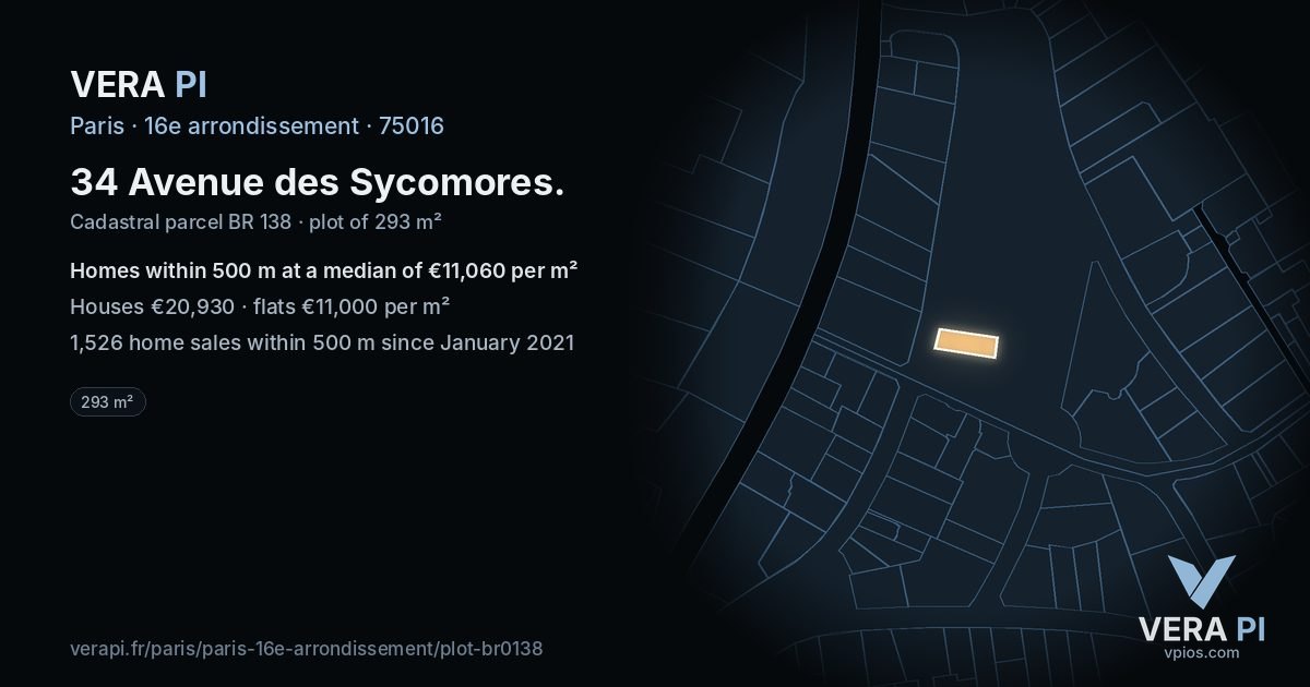 34 Avenue des Sycomores, 16e arrondissement at night – the plot lit, the parcels around coloured by the prices near them