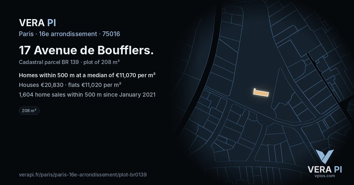 17 Avenue de Boufflers, 16e arrondissement at night – the plot lit, the parcels around coloured by the prices near them