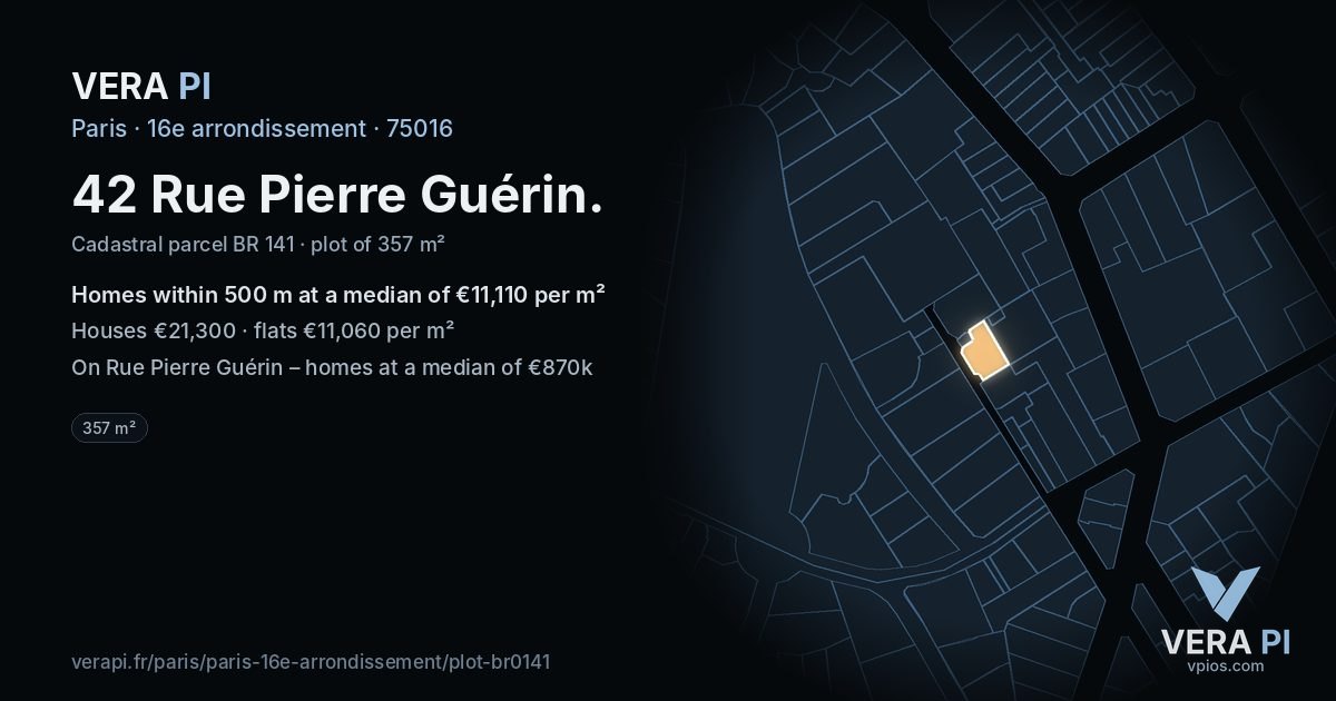 42 Rue Pierre Guérin, 16e arrondissement at night – the plot lit, the parcels around coloured by the prices near them