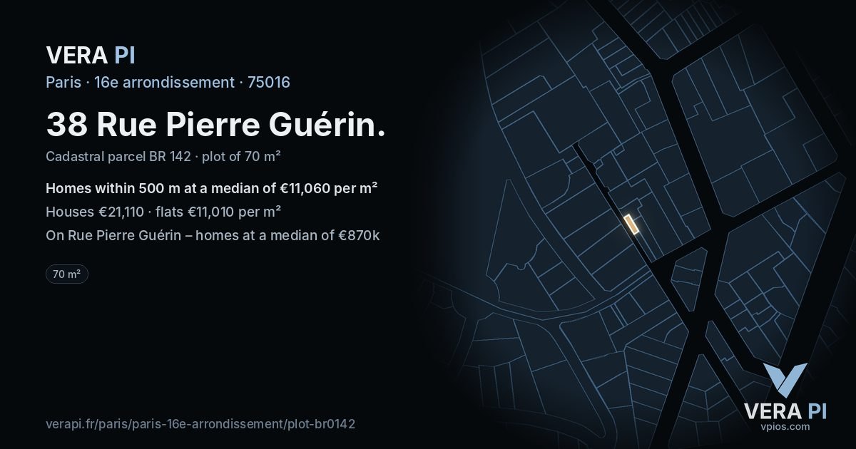 38 Rue Pierre Guérin, 16e arrondissement at night – the plot lit, the parcels around coloured by the prices near them