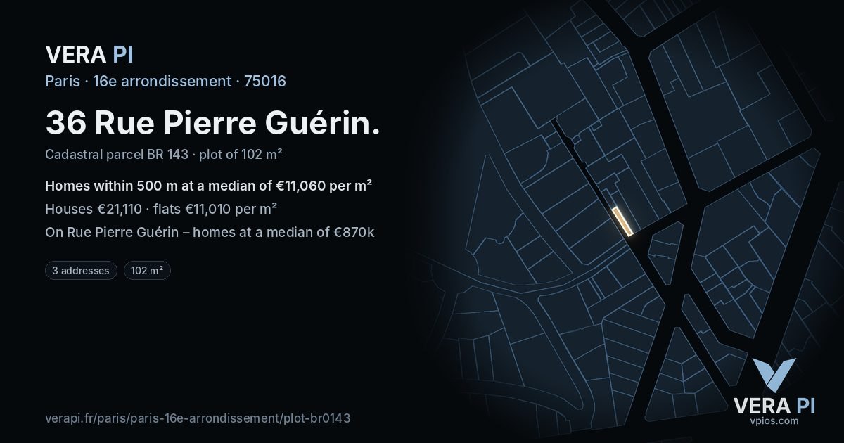 36 Rue Pierre Guérin, 16e arrondissement at night – the plot lit, the parcels around coloured by the prices near them