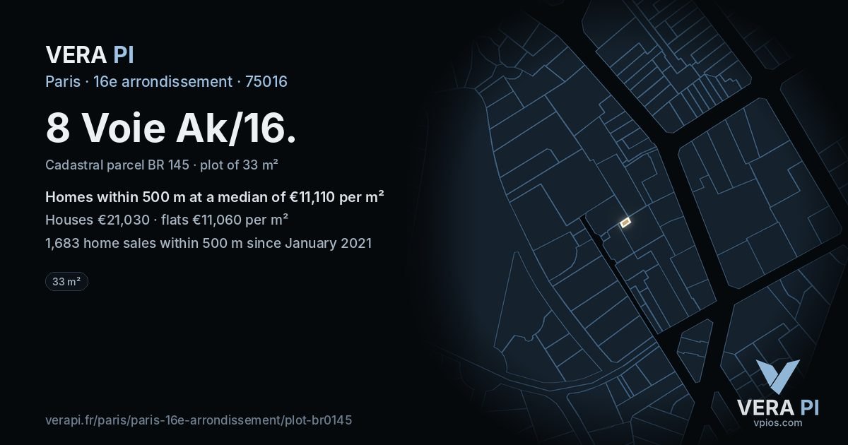 8 Voie Ak/16, 16e arrondissement at night – the plot lit, the parcels around coloured by the prices near them