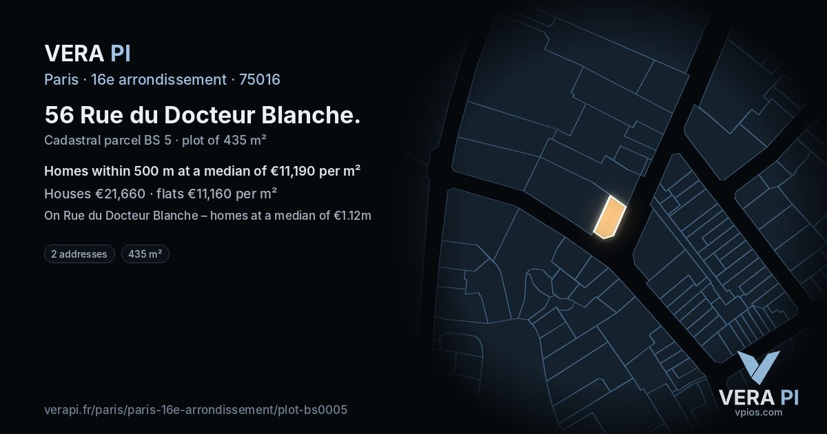56 Rue du Docteur Blanche, 16e arrondissement at night – the plot lit, the parcels around coloured by the prices near them