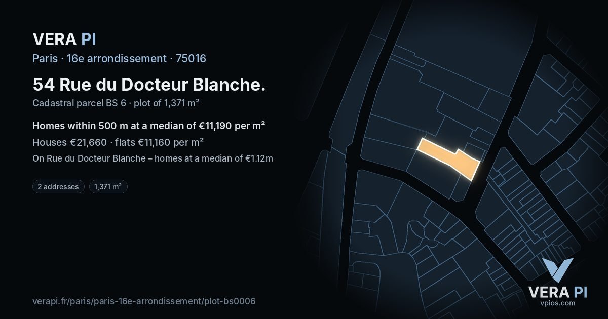 54 Rue du Docteur Blanche, 16e arrondissement at night – the plot lit, the parcels around coloured by the prices near them