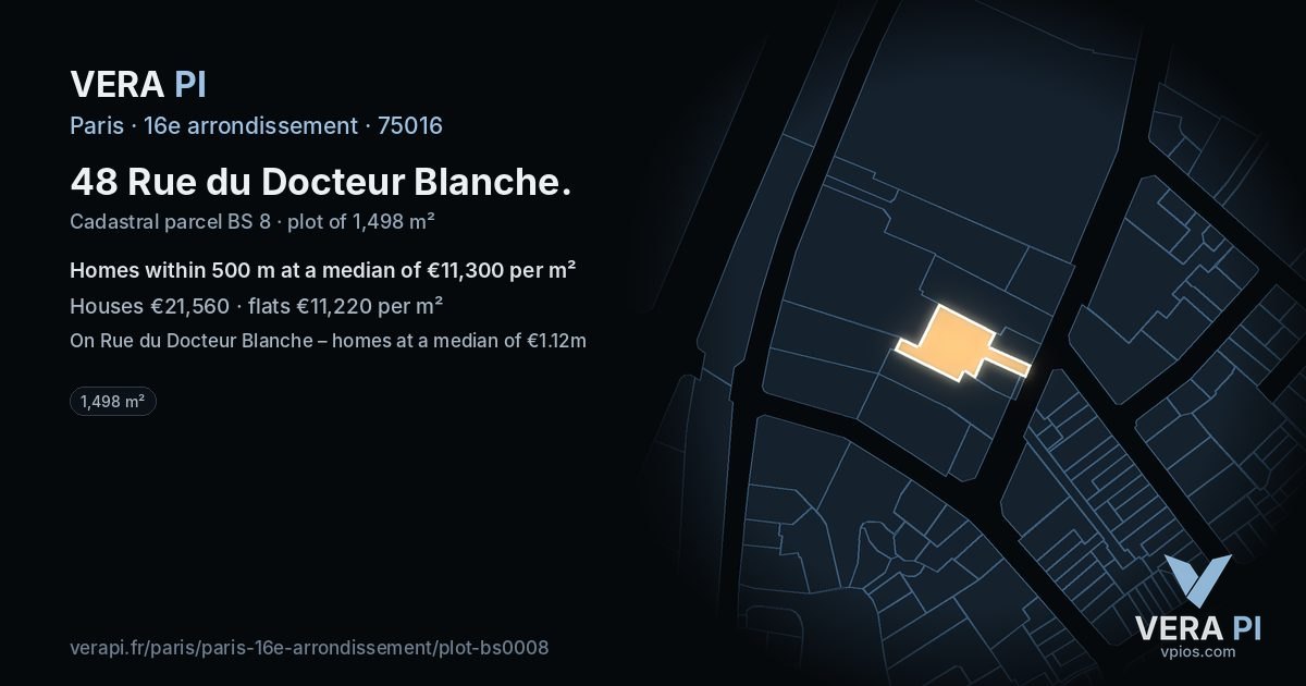 48 Rue du Docteur Blanche, 16e arrondissement at night – the plot lit, the parcels around coloured by the prices near them