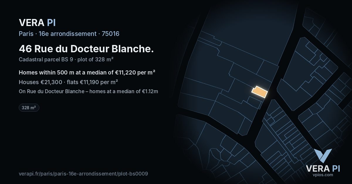 46 Rue du Docteur Blanche, 16e arrondissement at night – the plot lit, the parcels around coloured by the prices near them
