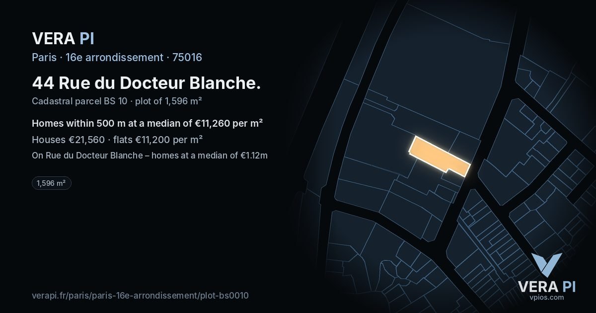 44 Rue du Docteur Blanche, 16e arrondissement at night – the plot lit, the parcels around coloured by the prices near them