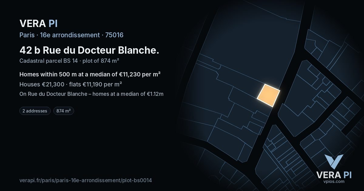 42 b Rue du Docteur Blanche, 16e arrondissement at night – the plot lit, the parcels around coloured by the prices near them