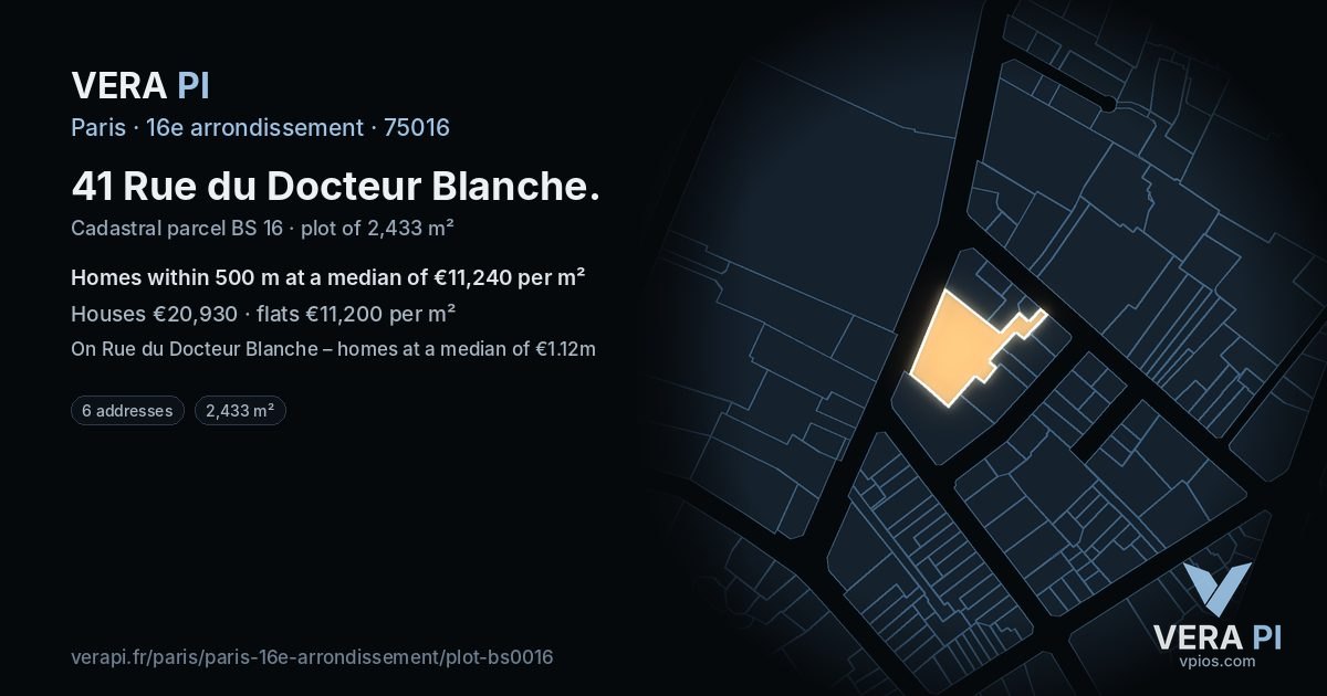 41 Rue du Docteur Blanche, 16e arrondissement at night – the plot lit, the parcels around coloured by the prices near them