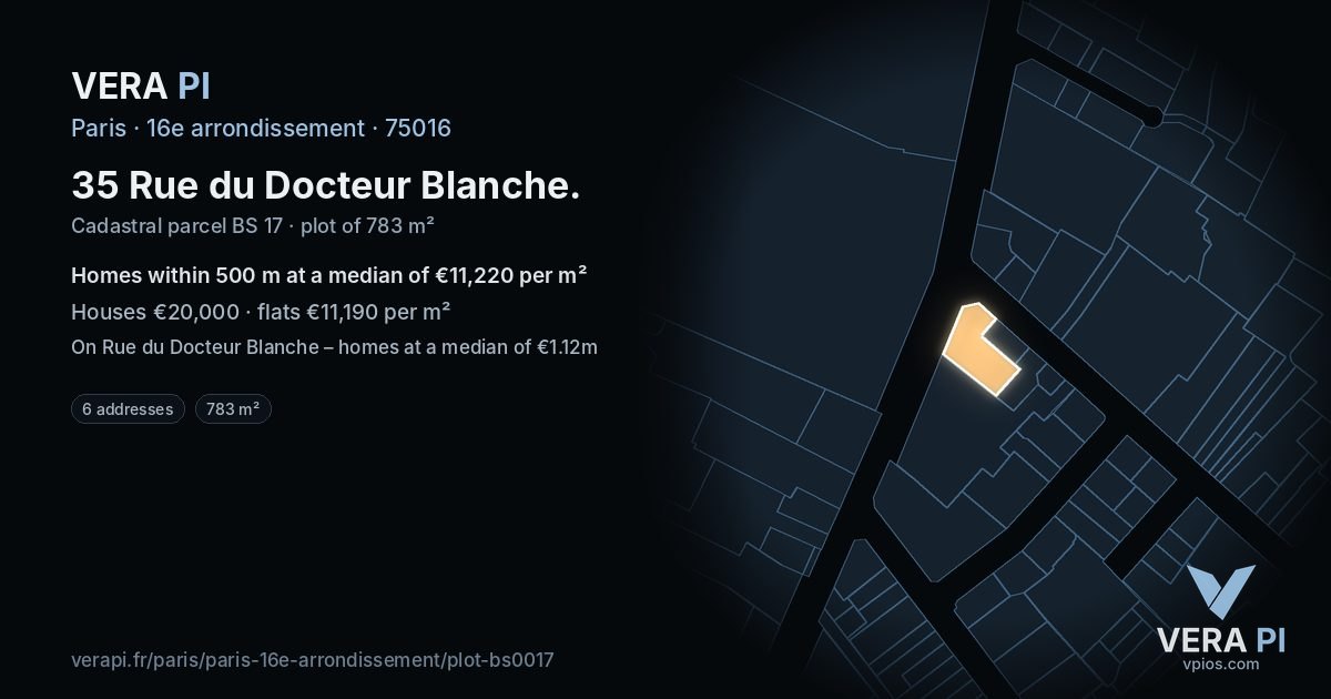 35 Rue du Docteur Blanche, 16e arrondissement at night – the plot lit, the parcels around coloured by the prices near them