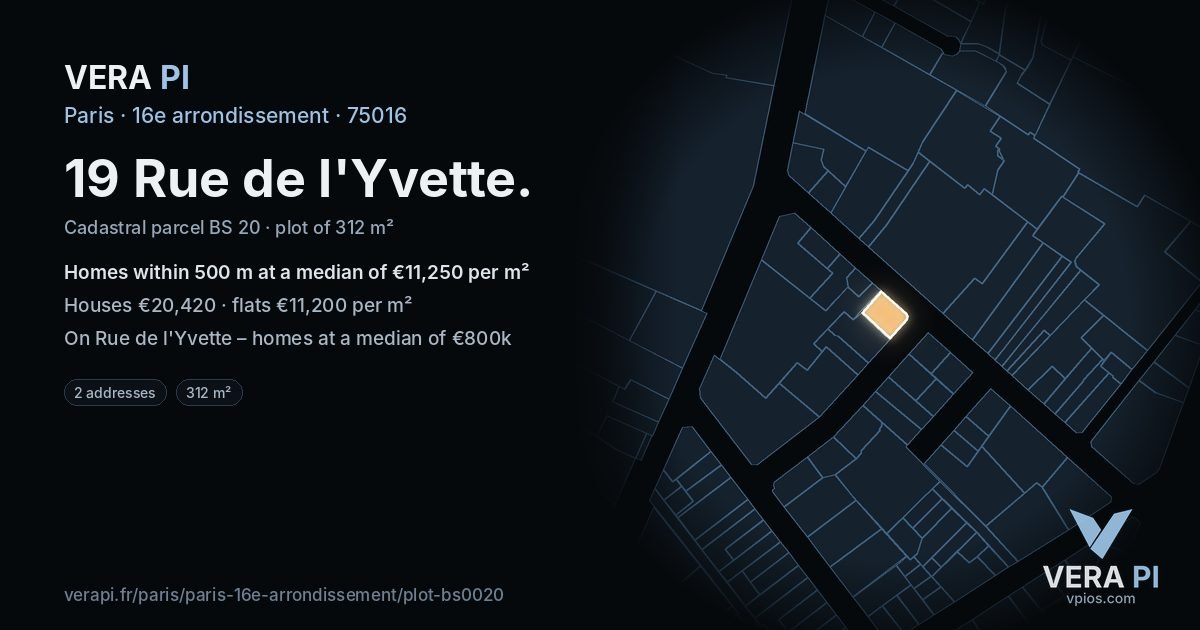 19 Rue de l'Yvette, 16e arrondissement at night – the plot lit, the parcels around coloured by the prices near them