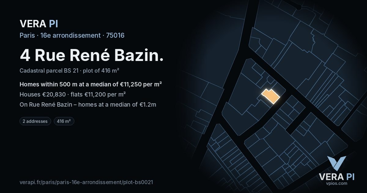 4 Rue René Bazin, 16e arrondissement at night – the plot lit, the parcels around coloured by the prices near them