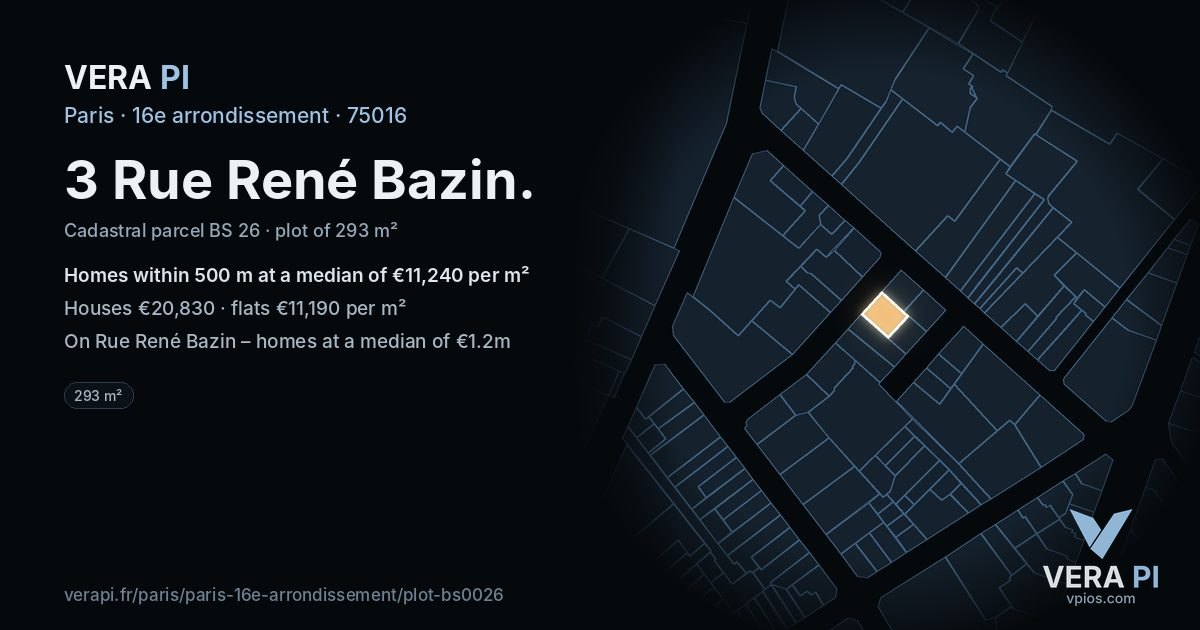 3 Rue René Bazin, 16e arrondissement at night – the plot lit, the parcels around coloured by the prices near them