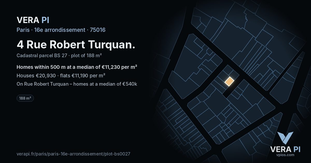 4 Rue Robert Turquan, 16e arrondissement at night – the plot lit, the parcels around coloured by the prices near them