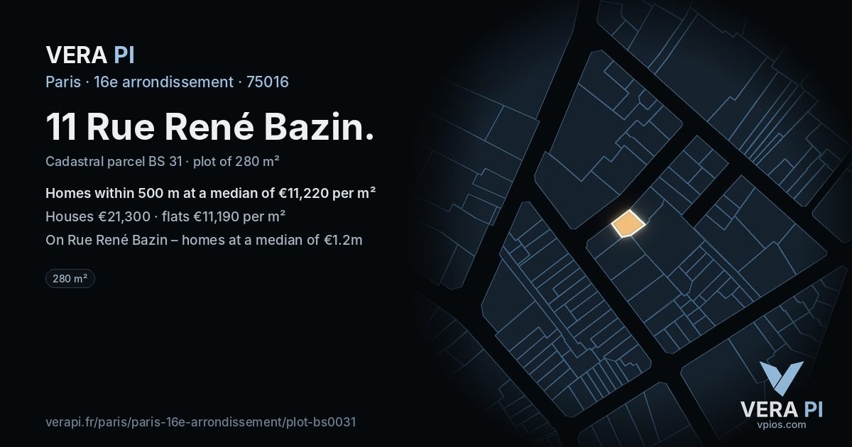 11 Rue René Bazin, 16e arrondissement at night – the plot lit, the parcels around coloured by the prices near them