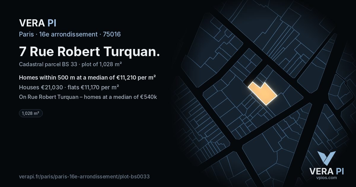 7 Rue Robert Turquan, 16e arrondissement at night – the plot lit, the parcels around coloured by the prices near them