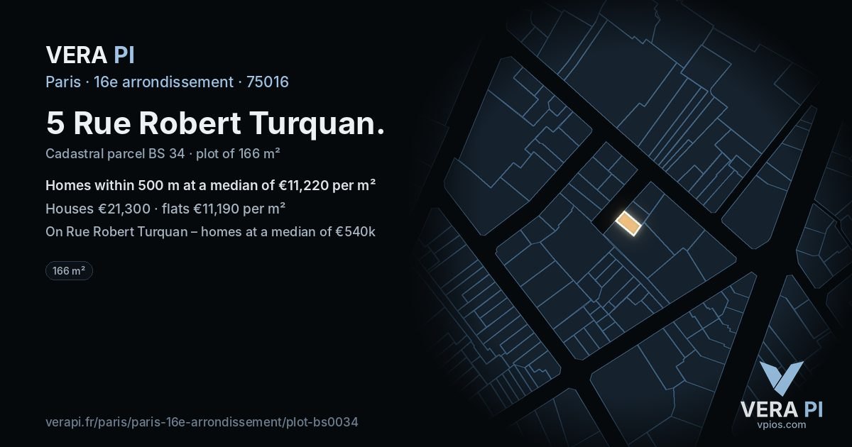 5 Rue Robert Turquan, 16e arrondissement at night – the plot lit, the parcels around coloured by the prices near them