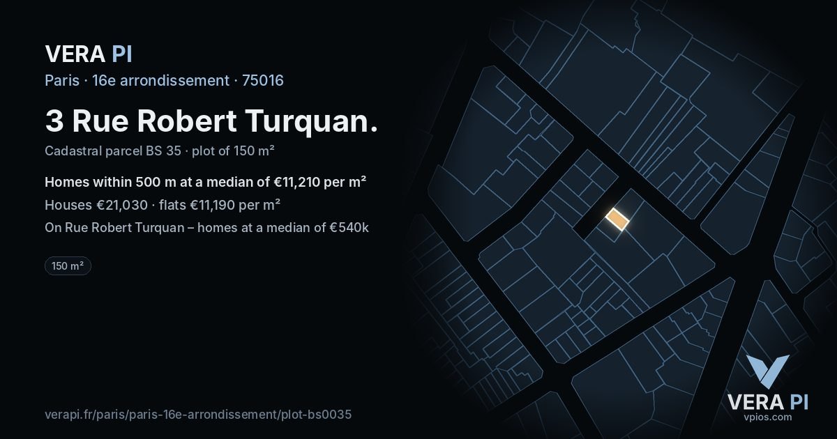 3 Rue Robert Turquan, 16e arrondissement at night – the plot lit, the parcels around coloured by the prices near them