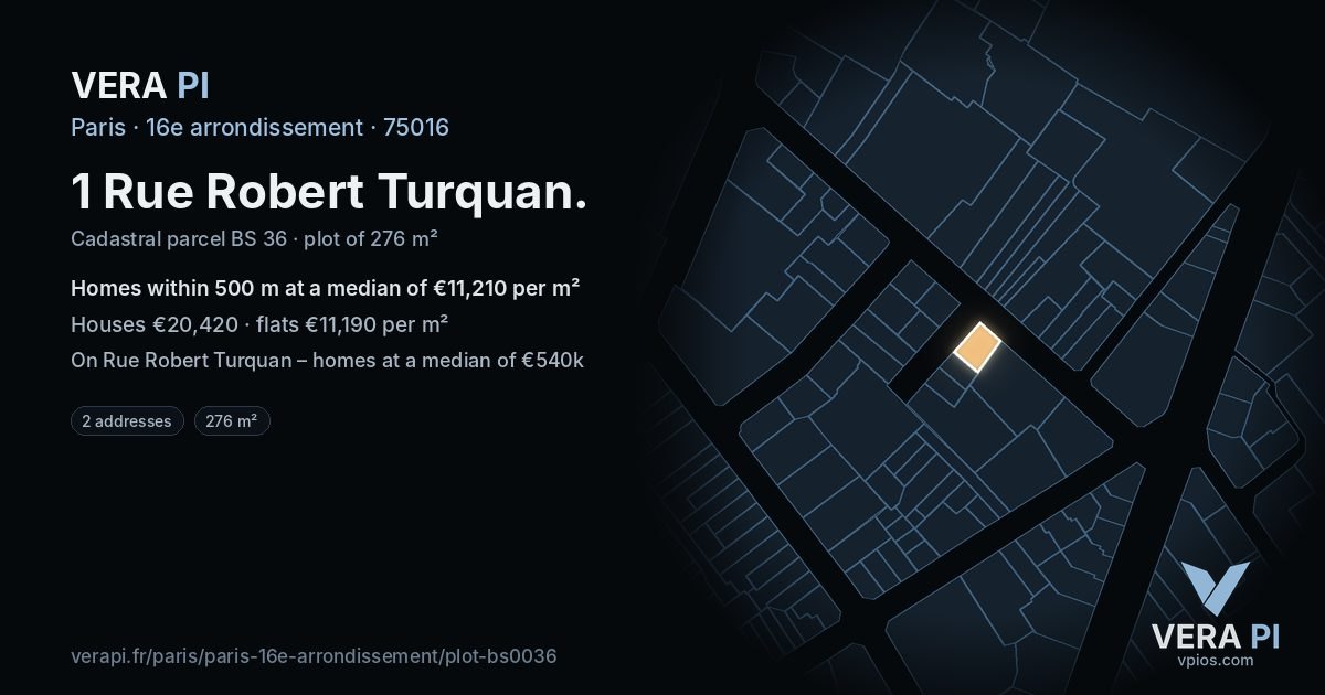 1 Rue Robert Turquan, 16e arrondissement at night – the plot lit, the parcels around coloured by the prices near them