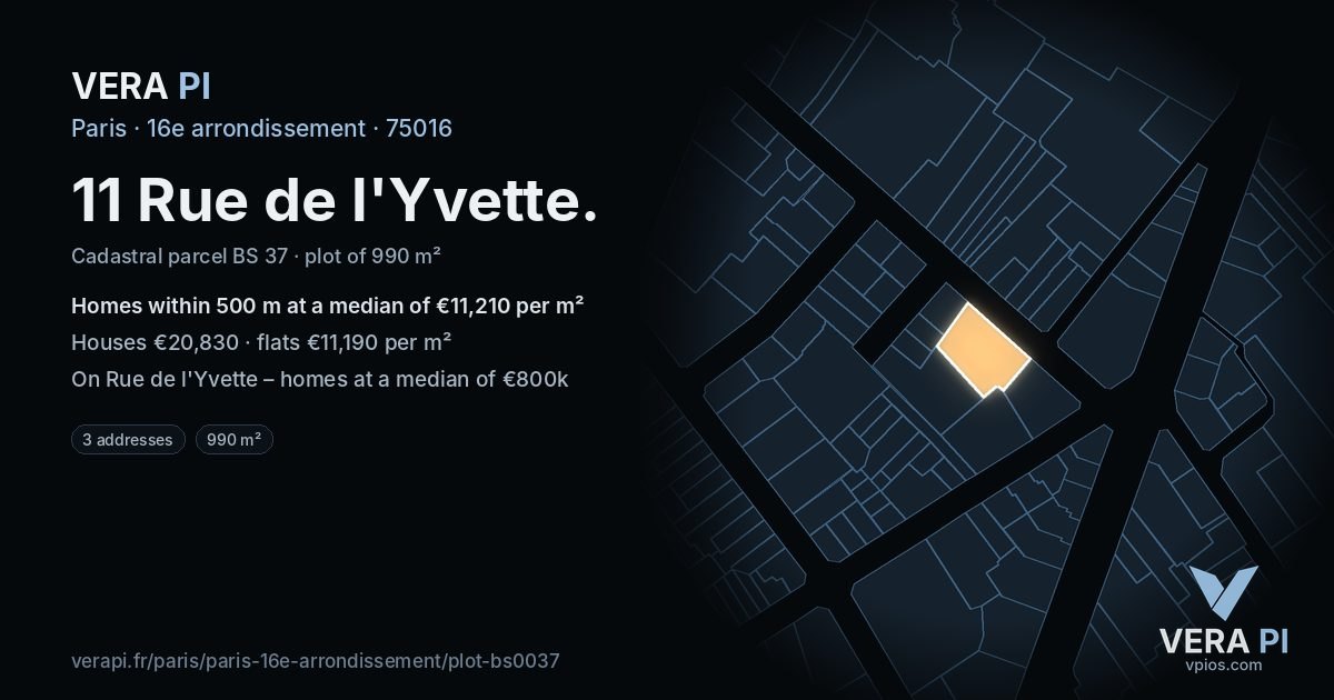 11 Rue de l'Yvette, 16e arrondissement at night – the plot lit, the parcels around coloured by the prices near them