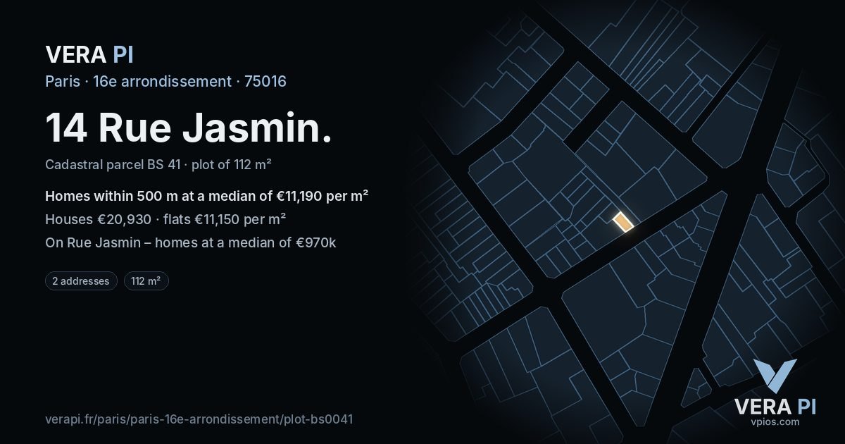 14 Rue Jasmin, 16e arrondissement at night – the plot lit, the parcels around coloured by the prices near them