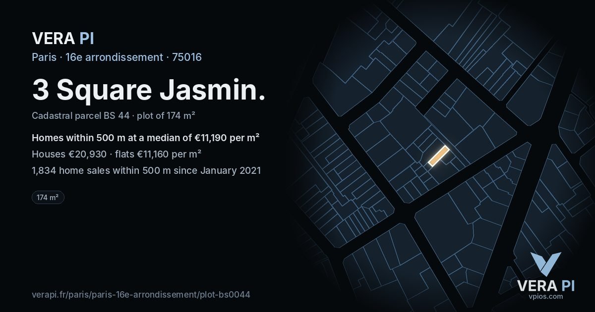 3 Square Jasmin, 16e arrondissement at night – the plot lit, the parcels around coloured by the prices near them